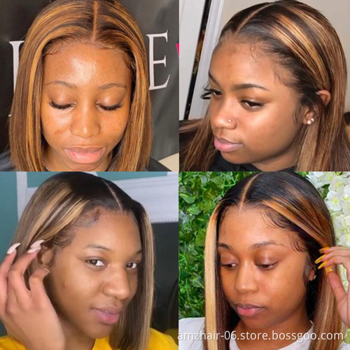 Pre Plucked Baby Hair Highlight 1b Honey Brown Color Straight Bob Human Hair Lace Front Closure Short Bob Wig For Black Women